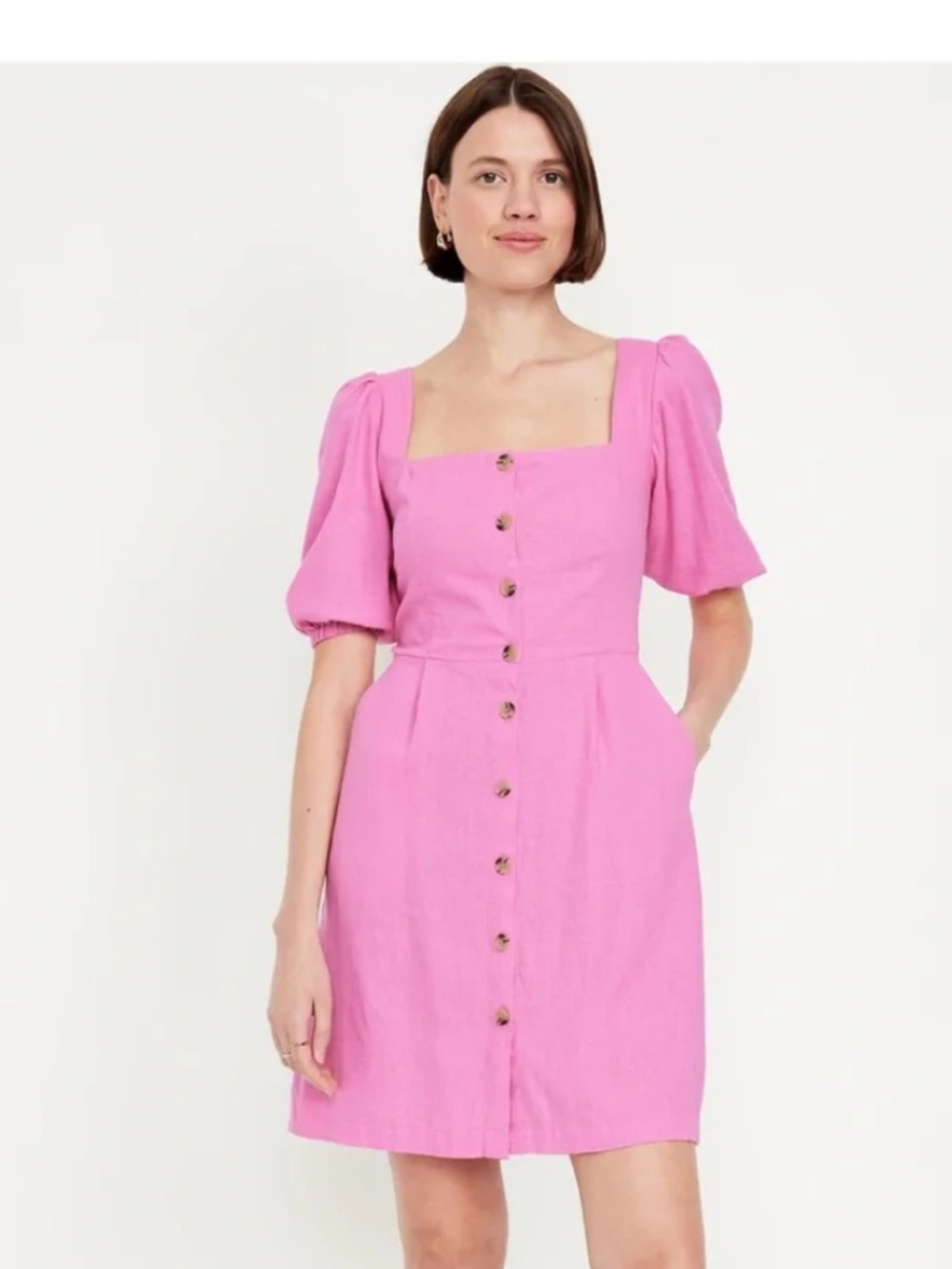 Old Navy Pink Square-Neck Button-Front Puff Sleeve Dress